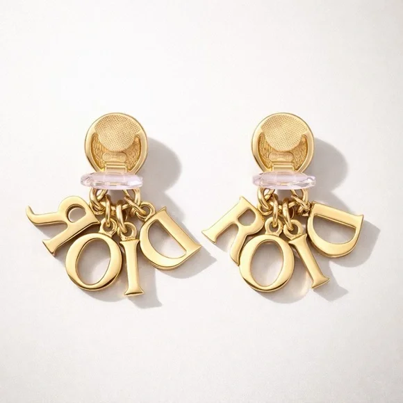 Dior VTG 90s D-I-O-R logo letter charm clip earrings, gold plated/crystals, EUC - Picture 3 of 13